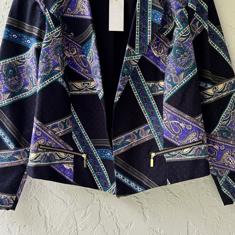 Chico's Women's Size 3 Multicolor XL Paisley Stripe Long Sleeves Moto Jacket NWT - Picture 4 of 11